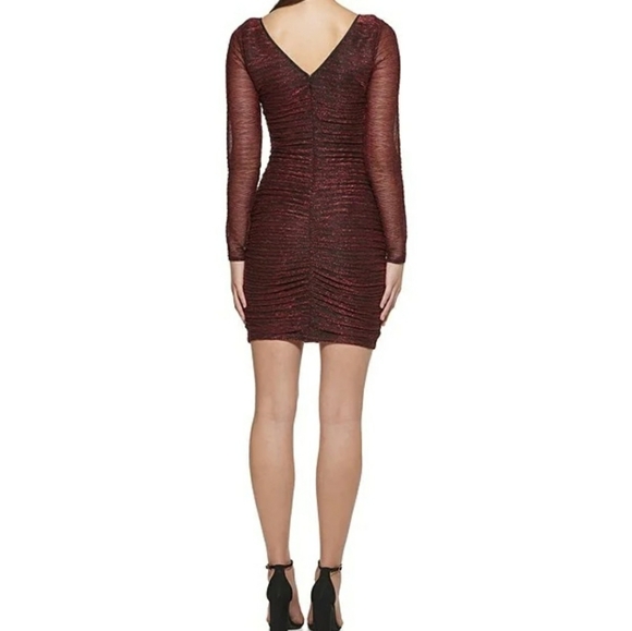 Guess Metallic V Neck Long Sheer Sleeve Ruched Knit Mini Dress - Picture 9 of 10